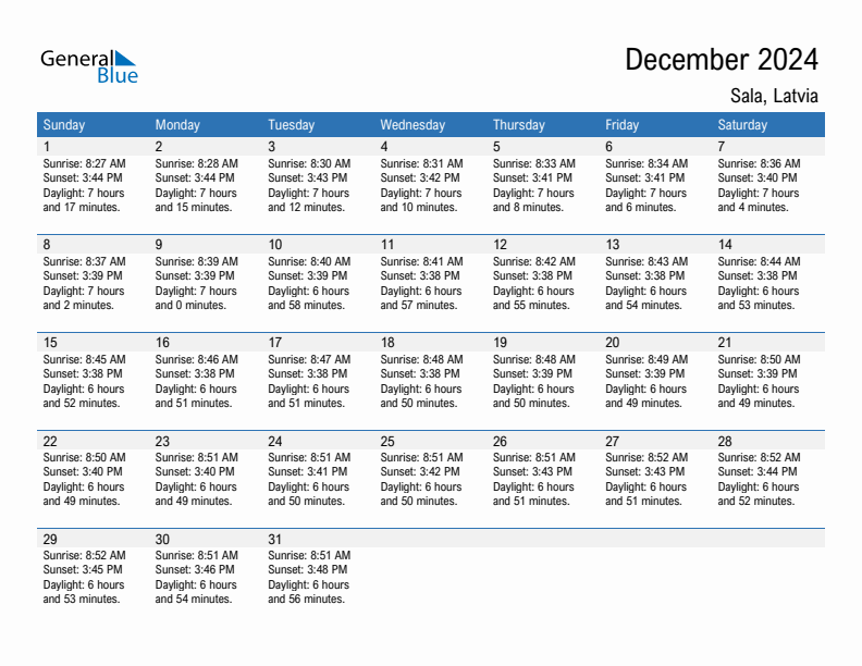 Sala December 2024 sunrise and sunset calendar in PDF, Excel, and Word