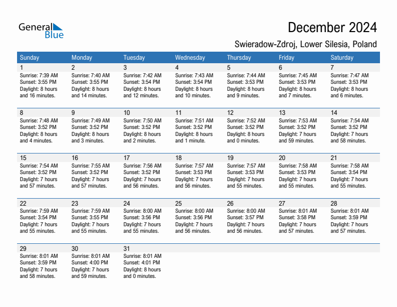 Swieradow-Zdroj December 2024 sunrise and sunset calendar in PDF, Excel, and Word
