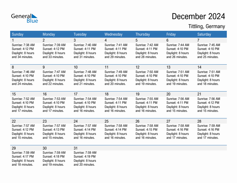 Tittling December 2024 sunrise and sunset calendar in PDF, Excel, and Word