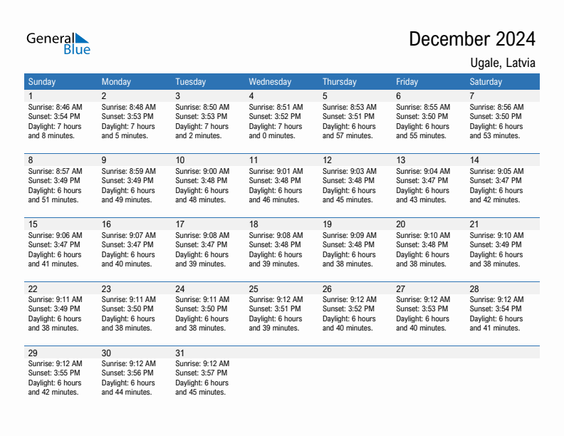 Ugale December 2024 sunrise and sunset calendar in PDF, Excel, and Word
