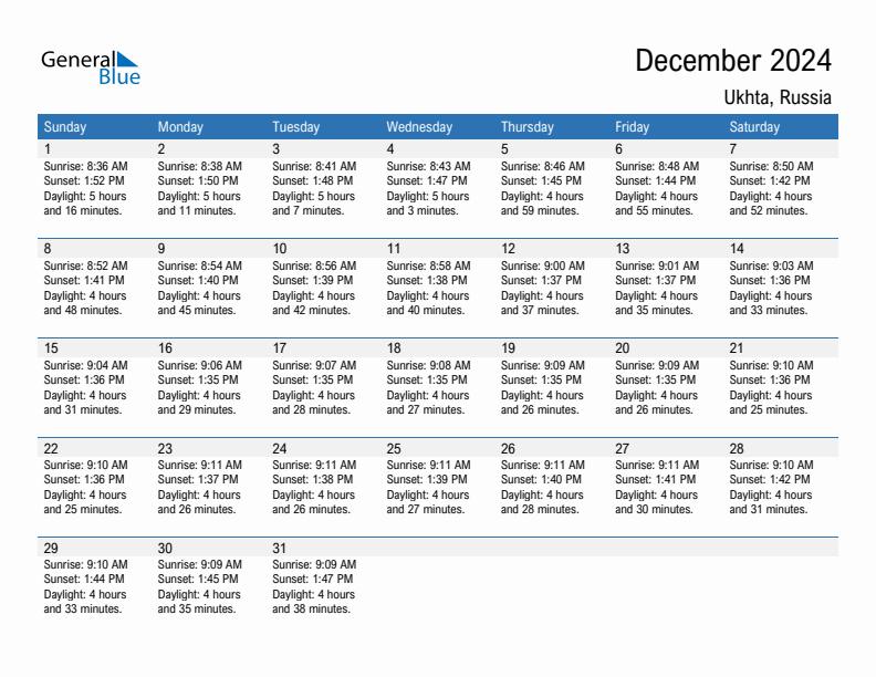 Ukhta December 2024 sunrise and sunset calendar in PDF, Excel, and Word