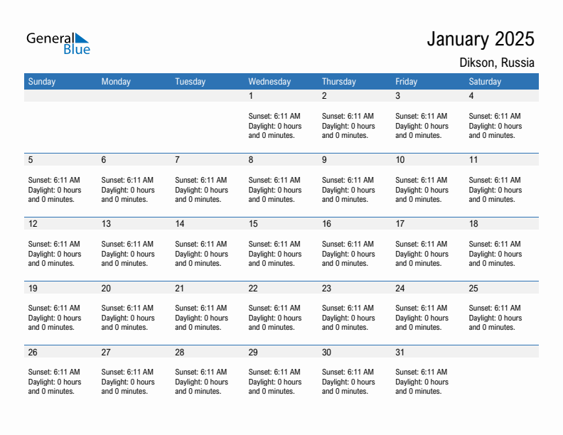 Dikson January 2025 sunrise and sunset calendar in PDF, Excel, and Word