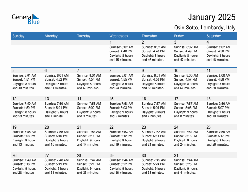 Osio Sotto January 2025 sunrise and sunset calendar in PDF, Excel, and Word