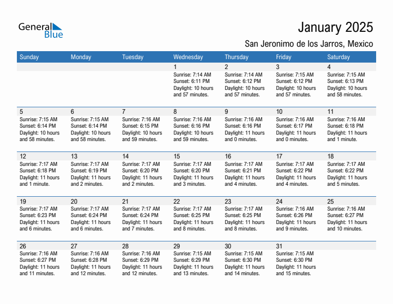 San Jeronimo de los Jarros January 2025 sunrise and sunset calendar in PDF, Excel, and Word