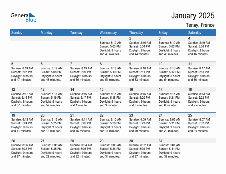 Tenay January 2025 sunrise and sunset calendar in PDF, Excel, and Word