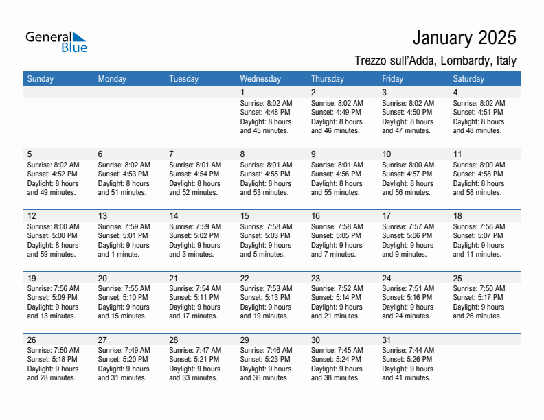 Trezzo sull'Adda January 2025 sunrise and sunset calendar in PDF, Excel, and Word