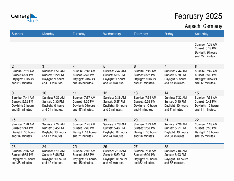 Aspach February 2025 sunrise and sunset calendar in PDF, Excel, and Word