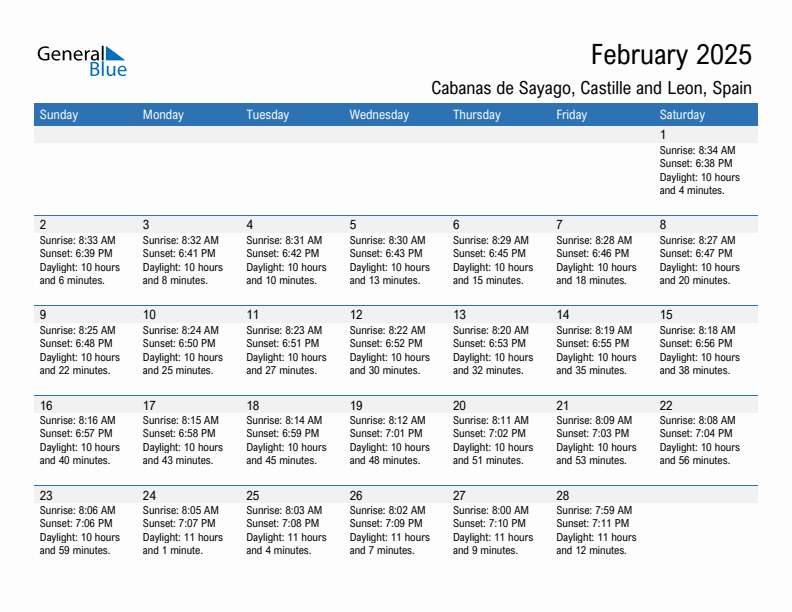 Cabanas de Sayago February 2025 sunrise and sunset calendar in PDF, Excel, and Word