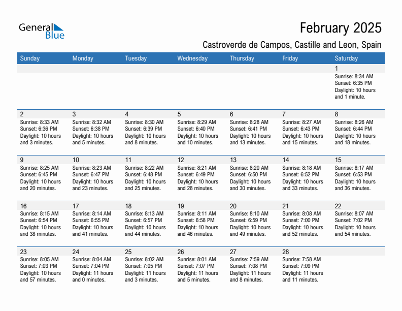Castroverde de Campos February 2025 sunrise and sunset calendar in PDF, Excel, and Word
