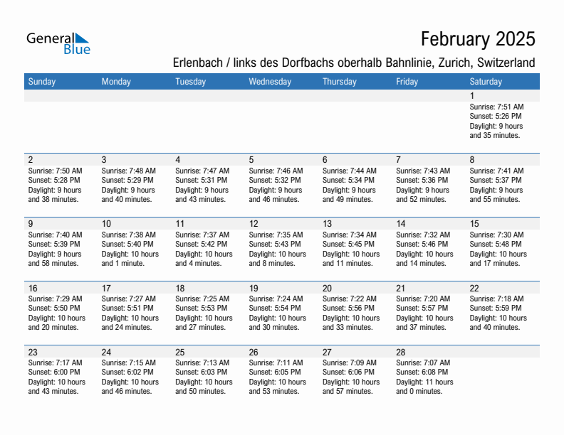 Erlenbach / links des Dorfbachs oberhalb Bahnlinie February 2025 sunrise and sunset calendar in PDF, Excel, and Word