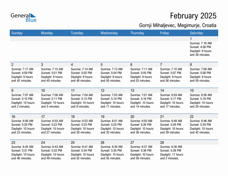 Gornji Mihaljevec February 2025 sunrise and sunset calendar in PDF, Excel, and Word