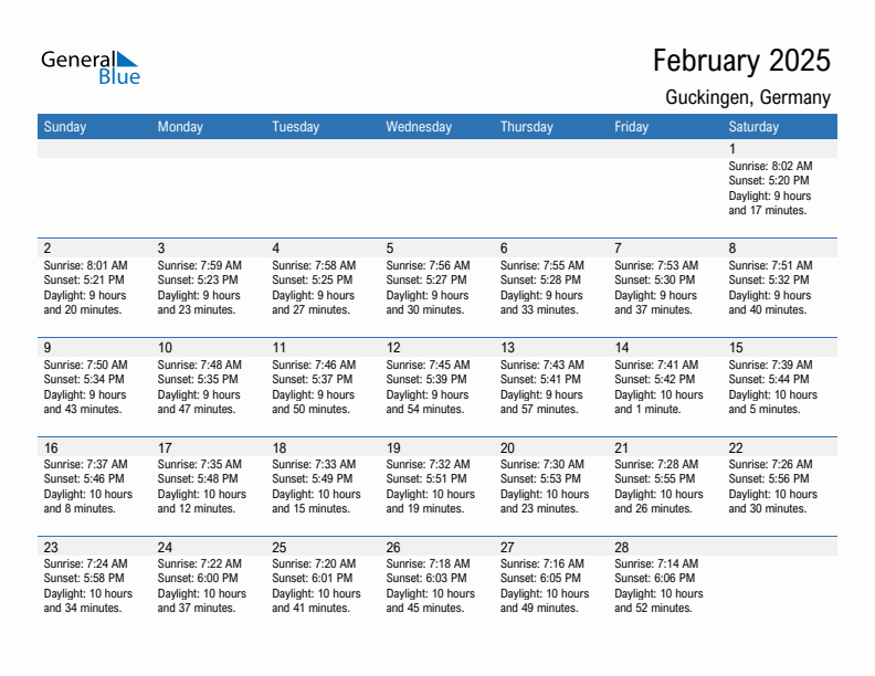 Guckingen February 2025 sunrise and sunset calendar in PDF, Excel, and Word
