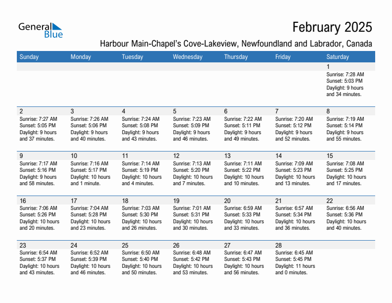 Harbour Main-Chapel's Cove-Lakeview February 2025 sunrise and sunset calendar in PDF, Excel, and Word