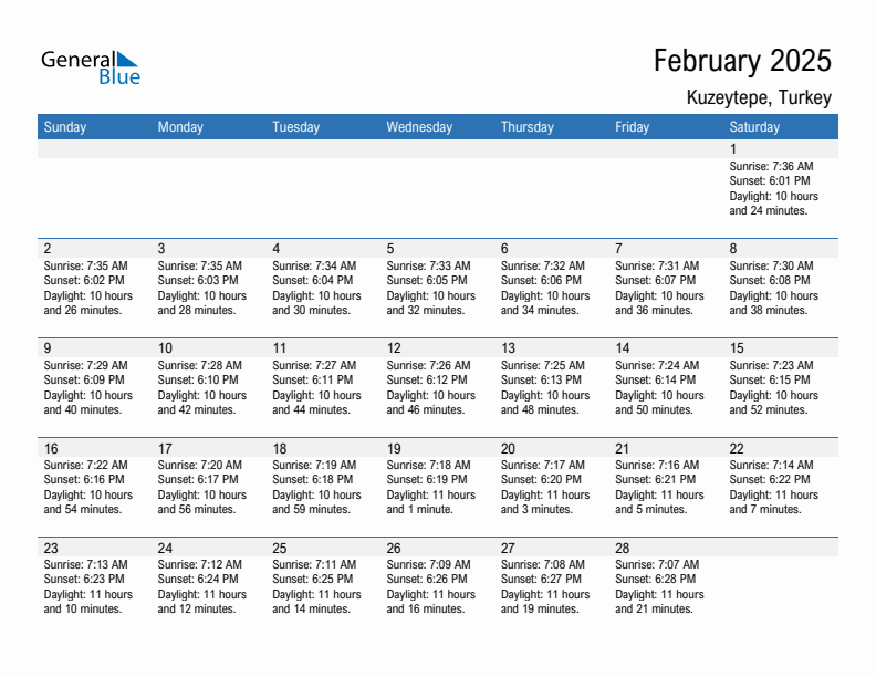 Kuzeytepe February 2025 sunrise and sunset calendar in PDF, Excel, and Word