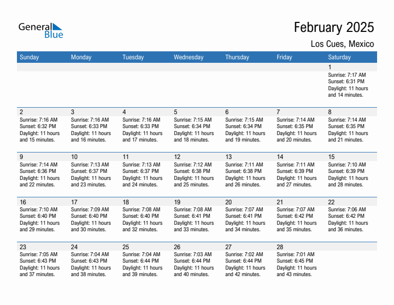 Los Cues February 2025 sunrise and sunset calendar in PDF, Excel, and Word
