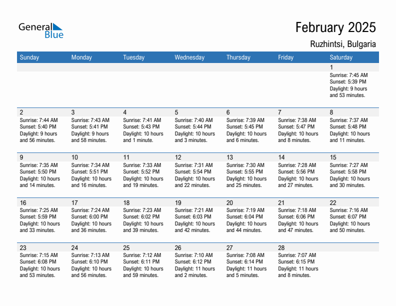 Ruzhintsi February 2025 sunrise and sunset calendar in PDF, Excel, and Word
