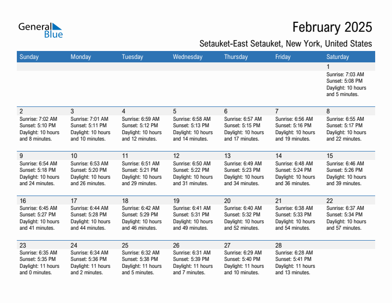 Setauket-East Setauket February 2025 sunrise and sunset calendar in PDF, Excel, and Word