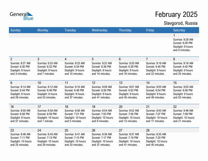 Slavgorod February 2025 sunrise and sunset calendar in PDF, Excel, and Word