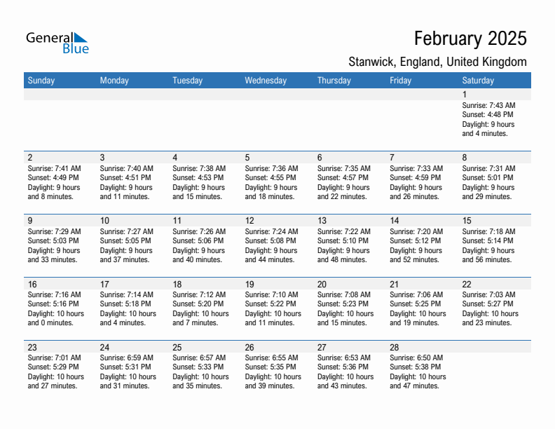 Stanwick February 2025 sunrise and sunset calendar in PDF, Excel, and Word