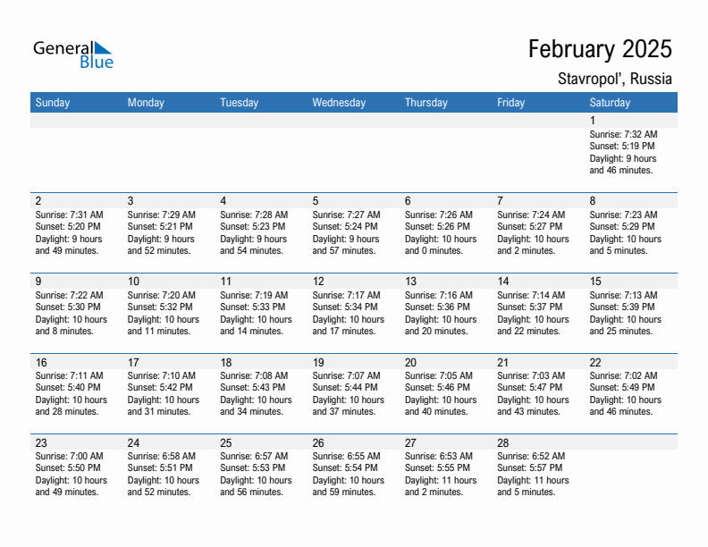 Stavropol' February 2025 sunrise and sunset calendar in PDF, Excel, and Word