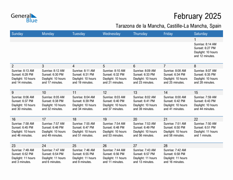 Tarazona de la Mancha February 2025 sunrise and sunset calendar in PDF, Excel, and Word