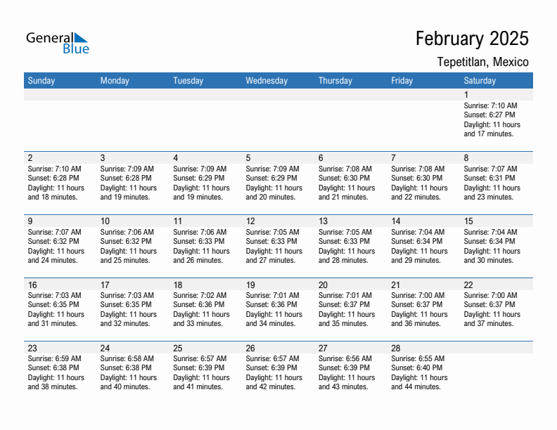 Tepetitlan February 2025 sunrise and sunset calendar in PDF, Excel, and Word