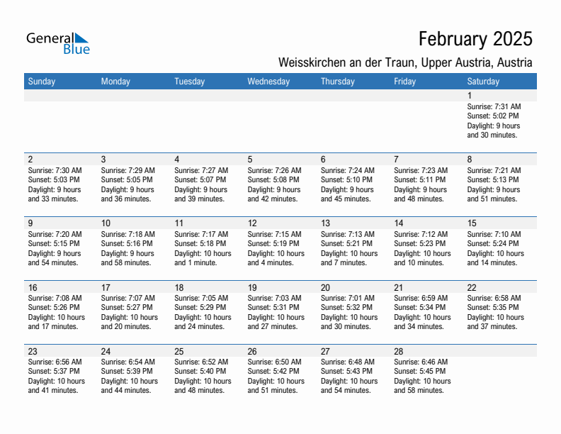 Weisskirchen an der Traun February 2025 sunrise and sunset calendar in PDF, Excel, and Word