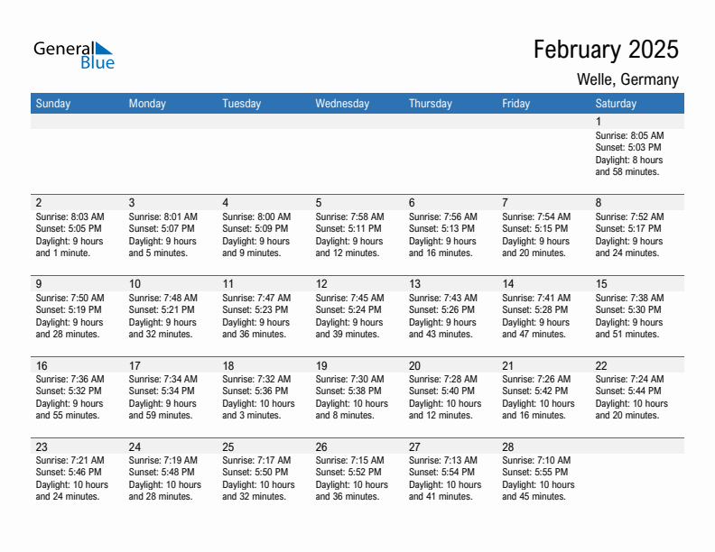 Welle February 2025 sunrise and sunset calendar in PDF, Excel, and Word