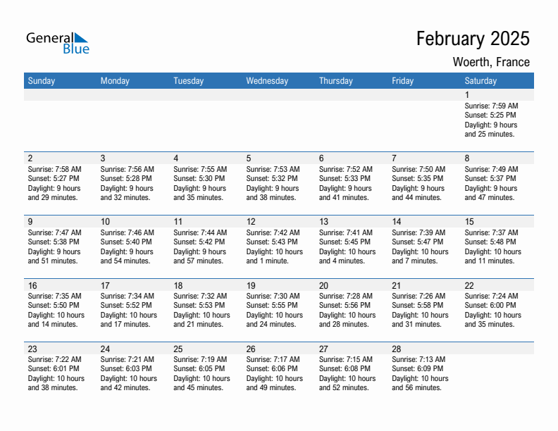 Woerth February 2025 sunrise and sunset calendar in PDF, Excel, and Word