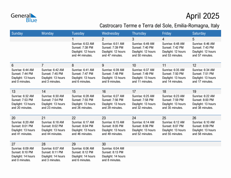Castrocaro Terme e Terra del Sole April 2025 sunrise and sunset calendar in PDF, Excel, and Word
