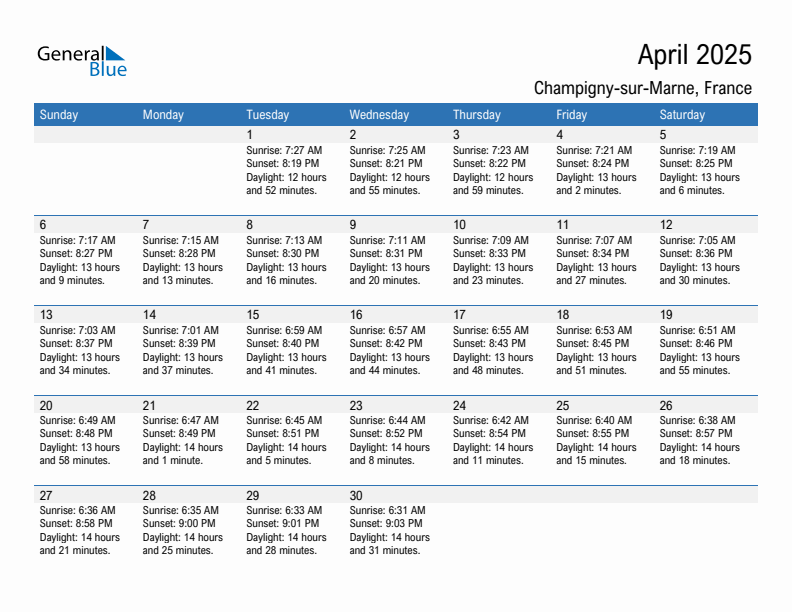 Champigny-sur-Marne April 2025 sunrise and sunset calendar in PDF, Excel, and Word