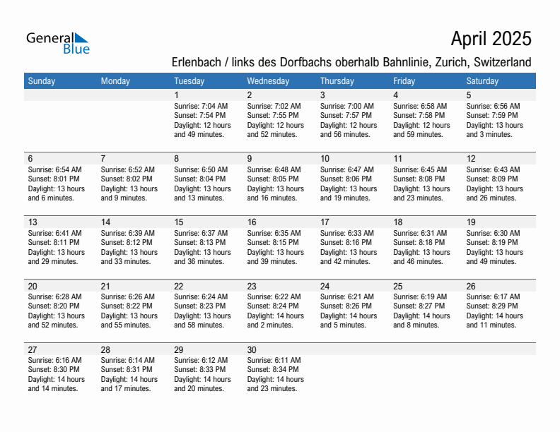 Erlenbach / links des Dorfbachs oberhalb Bahnlinie April 2025 sunrise and sunset calendar in PDF, Excel, and Word