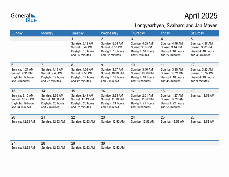 Longyearbyen April 2025 sunrise and sunset calendar in PDF, Excel, and Word