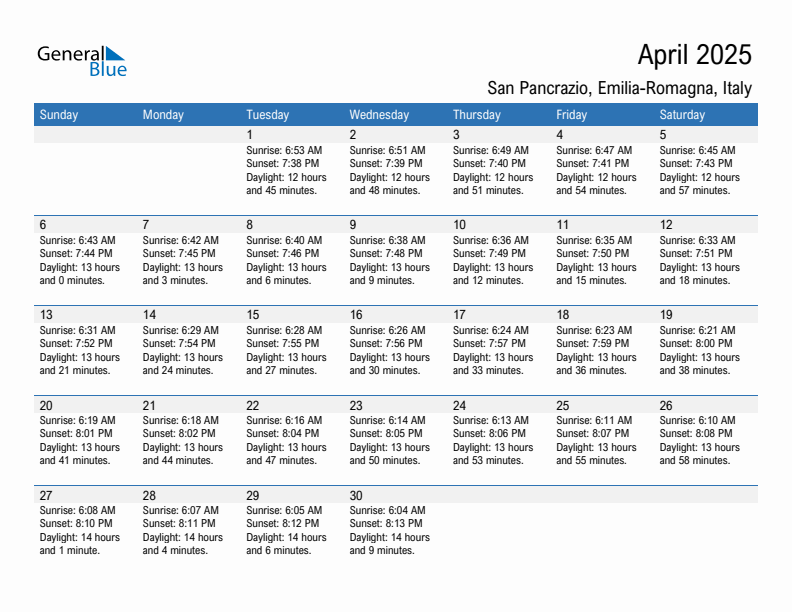 San Pancrazio April 2025 sunrise and sunset calendar in PDF, Excel, and Word