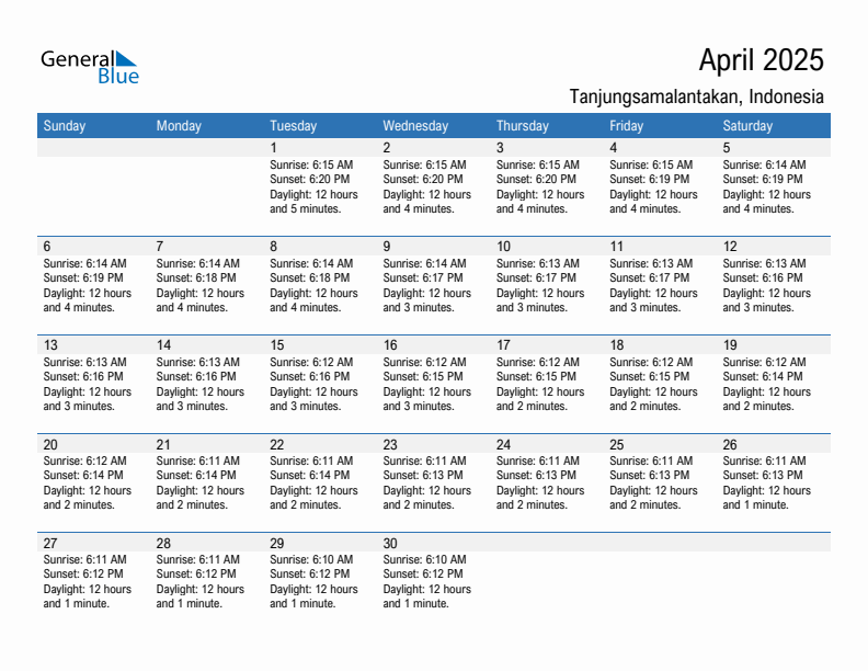 Tanjungsamalantakan April 2025 sunrise and sunset calendar in PDF, Excel, and Word