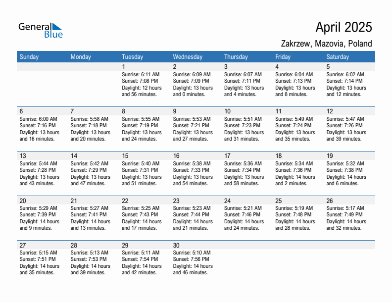 Zakrzew April 2025 sunrise and sunset calendar in PDF, Excel, and Word