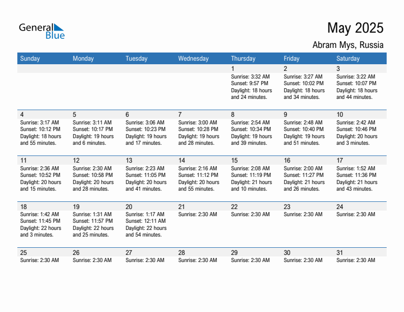 Abram Mys May 2025 sunrise and sunset calendar in PDF, Excel, and Word