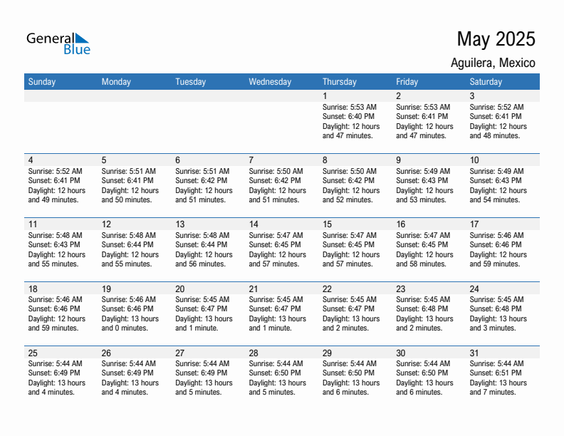 Aguilera May 2025 sunrise and sunset calendar in PDF, Excel, and Word
