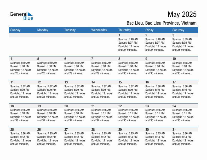 Bac Lieu May 2025 sunrise and sunset calendar in PDF, Excel, and Word