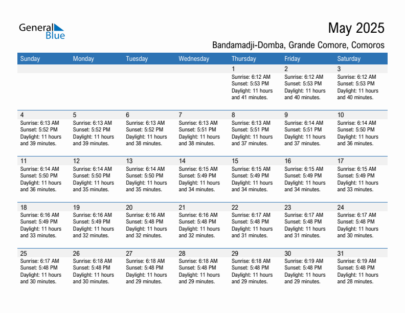 Bandamadji-Domba May 2025 sunrise and sunset calendar in PDF, Excel, and Word