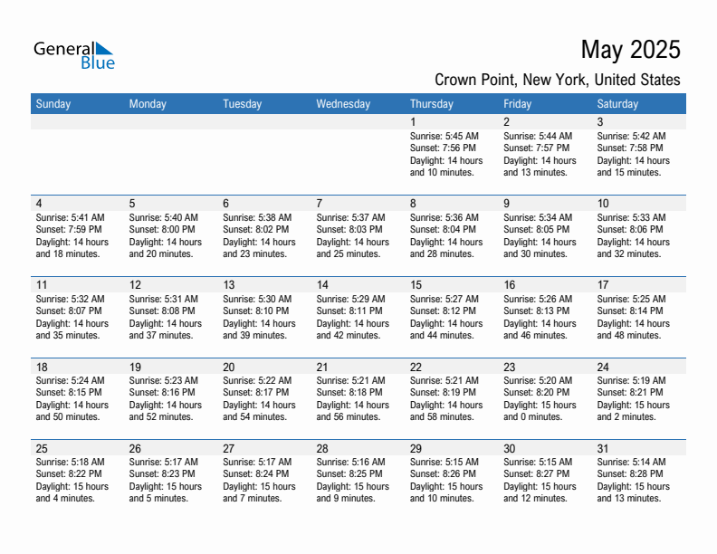 Crown Point May 2025 sunrise and sunset calendar in PDF, Excel, and Word