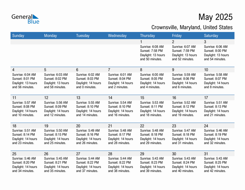 Crownsville May 2025 sunrise and sunset calendar in PDF, Excel, and Word