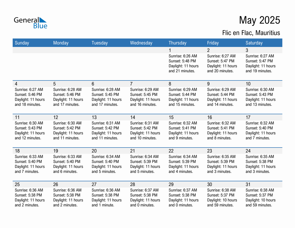May 2025 sunrise and sunset calendar for Flic en Flac