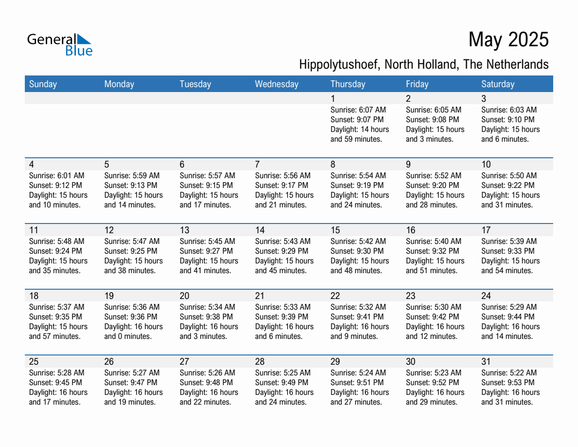 May 2025 sunrise and sunset calendar for Hippolytushoef