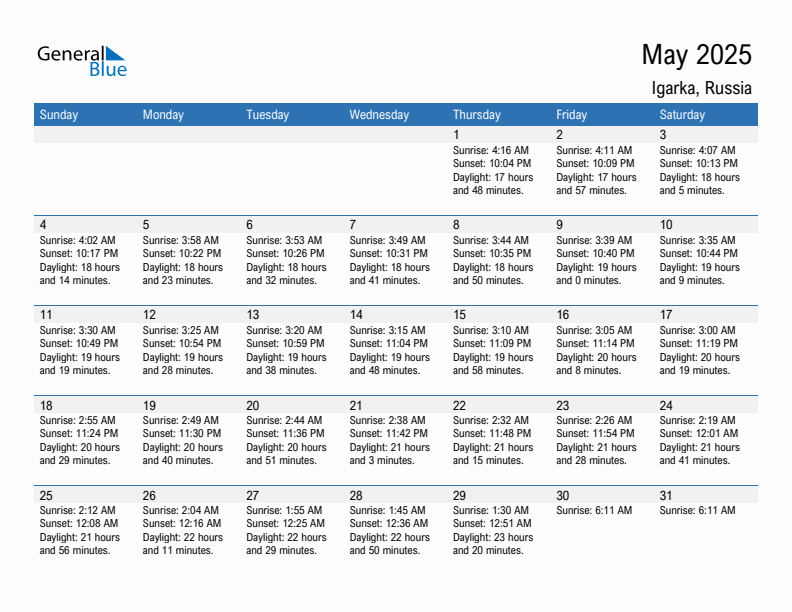 Igarka May 2025 sunrise and sunset calendar in PDF, Excel, and Word