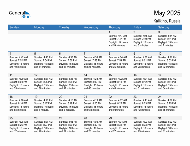 Kalikino May 2025 sunrise and sunset calendar in PDF, Excel, and Word