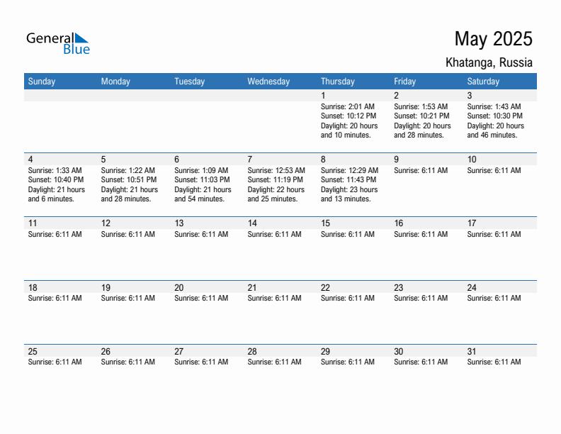 Khatanga May 2025 sunrise and sunset calendar in PDF, Excel, and Word