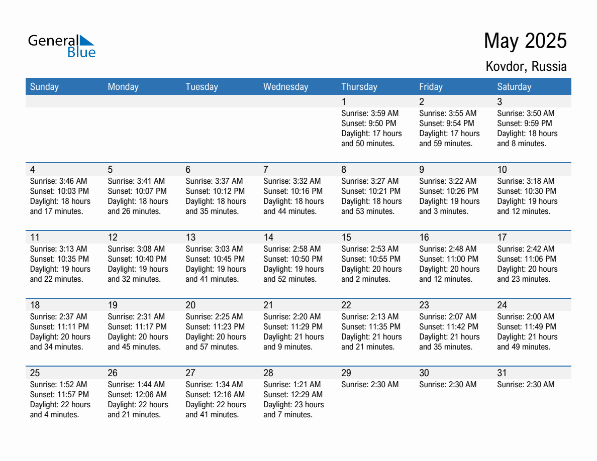 May 2025 sunrise and sunset calendar for Kovdor