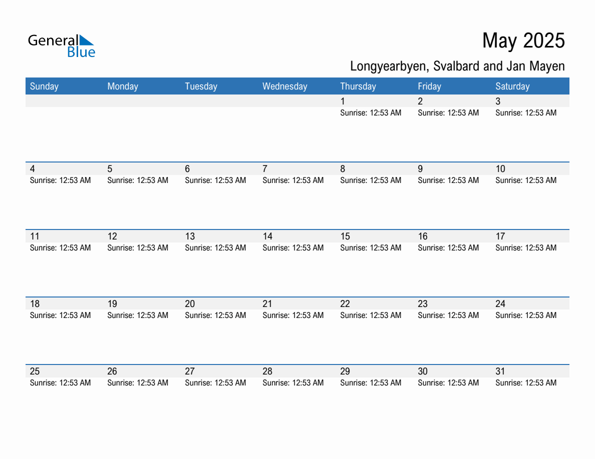May 2025 sunrise and sunset calendar for Longyearbyen
