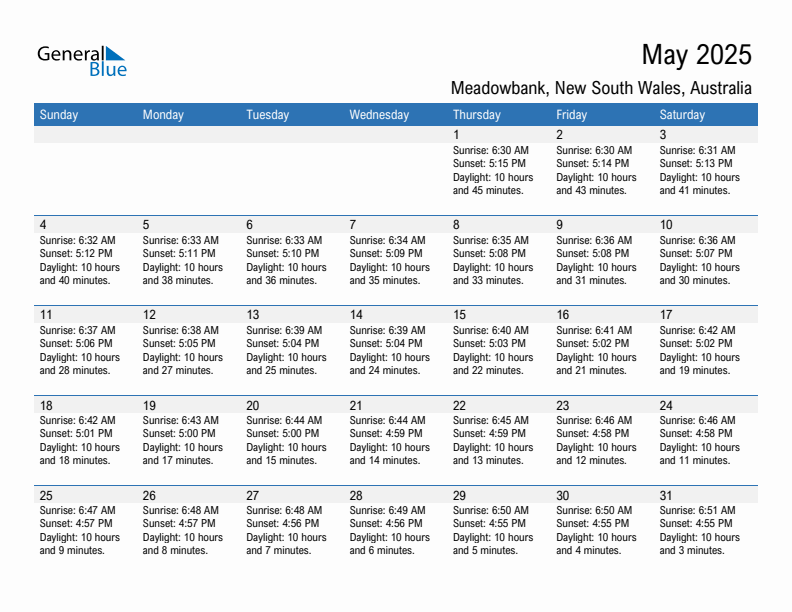 Meadowbank May 2025 sunrise and sunset calendar in PDF, Excel, and Word